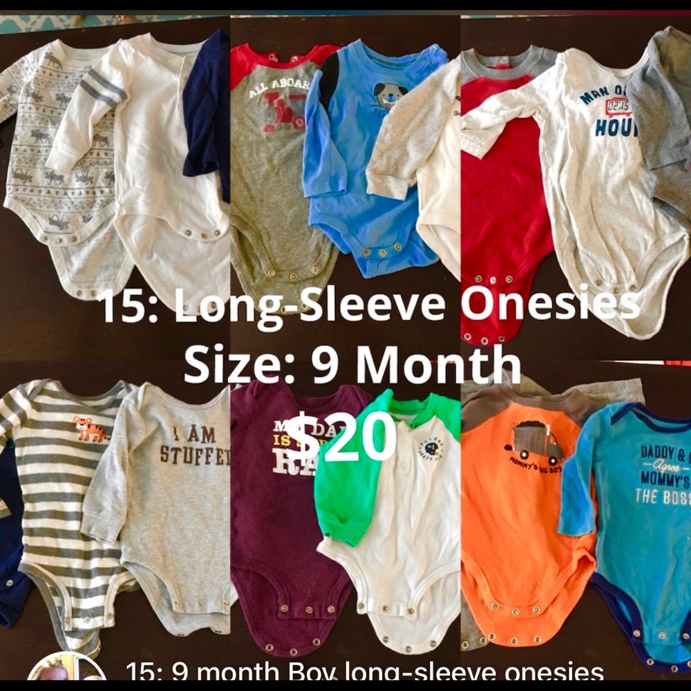 15: Long-Sleeve Onesies—All 9 month size.